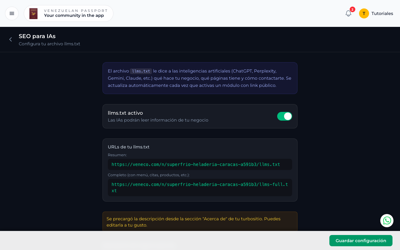 Configuración de SEO para IAs con toggle activo y URLs del llms.txt