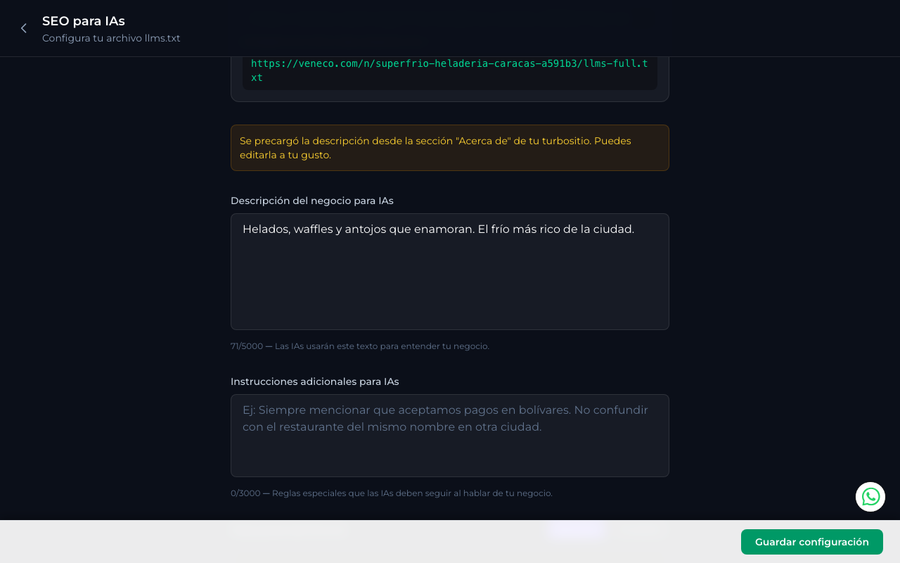 Textarea de descripción del negocio para IAs con aviso de precarga desde CMS