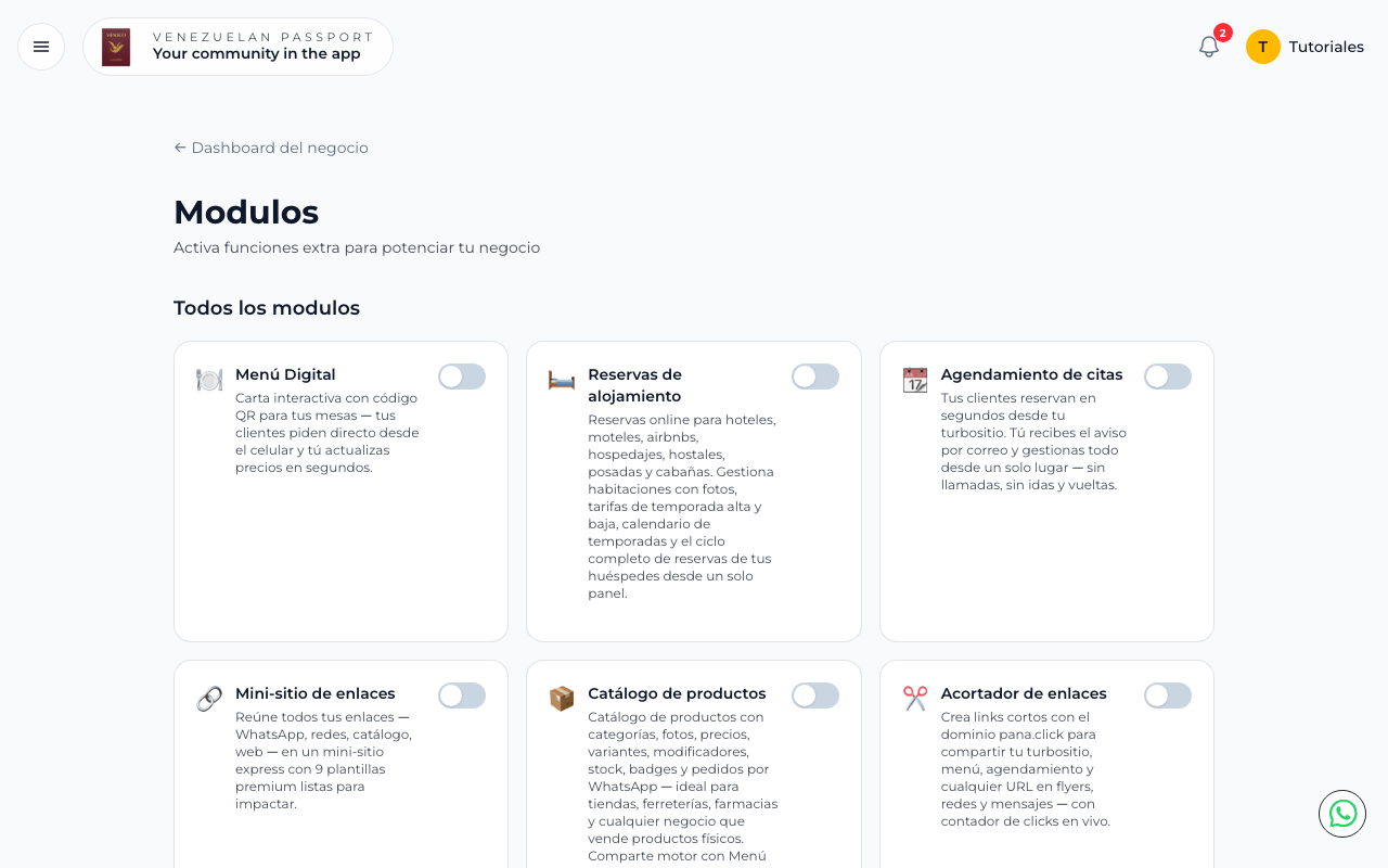 Página de módulos con Productos visible