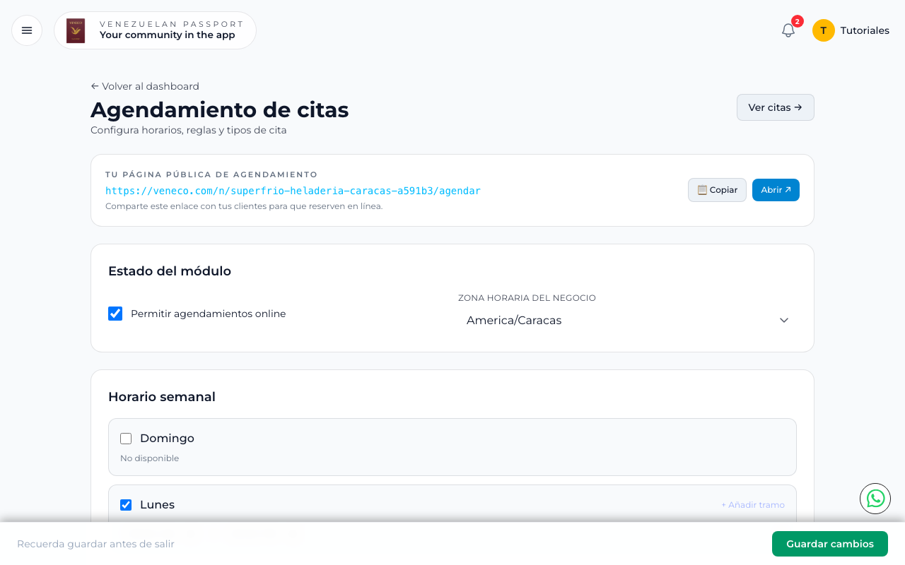 Panel de agendamiento con enlace público, estado del módulo y zona horaria