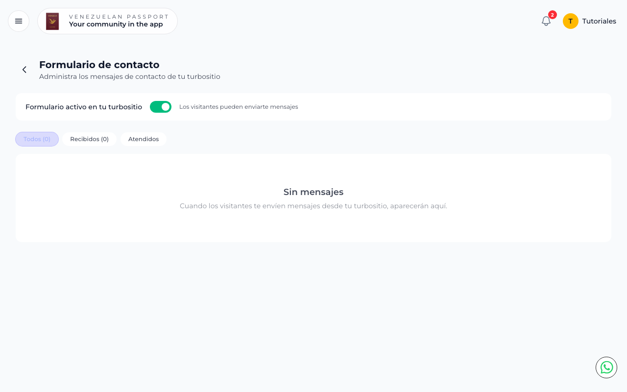 Formulario de contacto con toggle activo y bandeja de mensajes con filtros