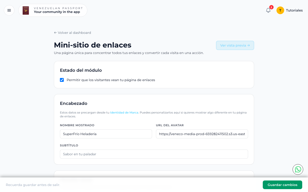 Configuración del encabezado con nombre mostrado, avatar y subtítulo
