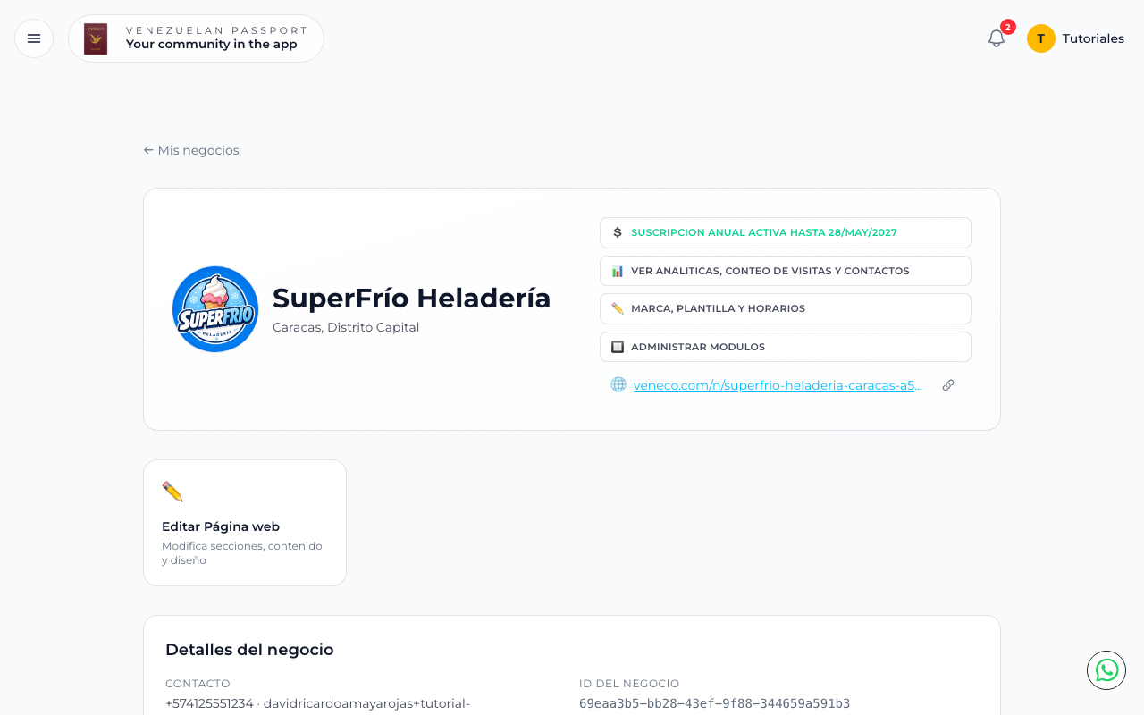 Dashboard del negocio con la tarjeta Editar turbositio resaltada