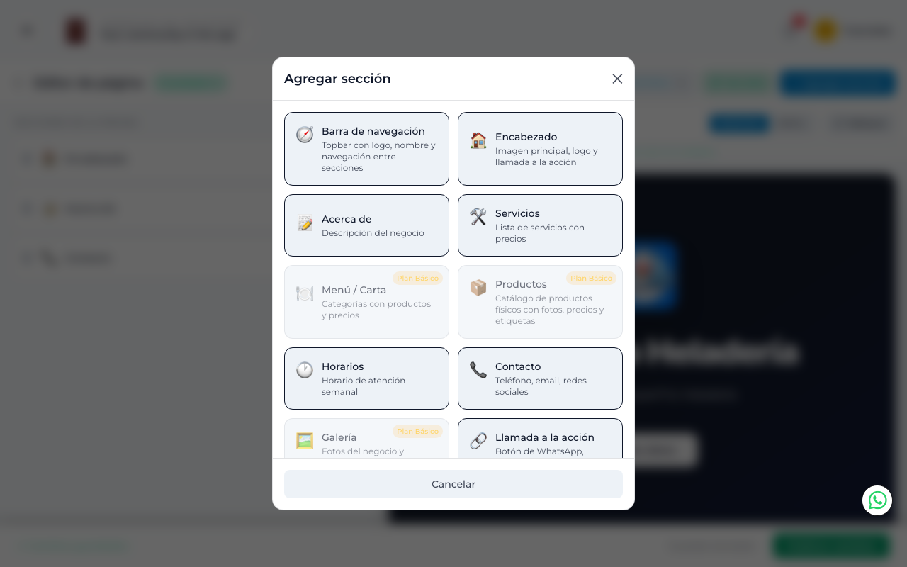 Modal de agregar sección con las opciones disponibles