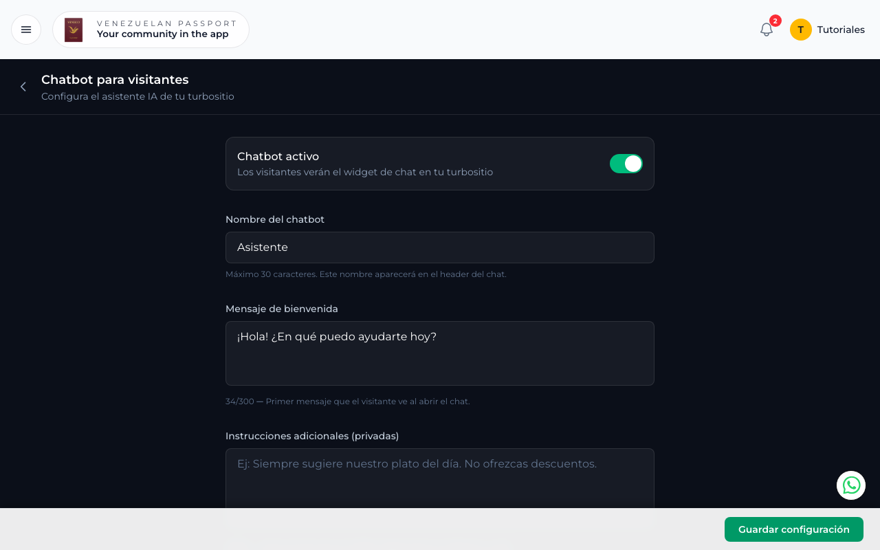 Configuración del chatbot con toggle activo y campo de nombre