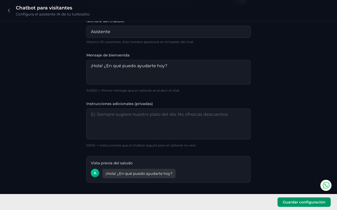 Vista previa del saludo del chatbot y botón Guardar configuración
