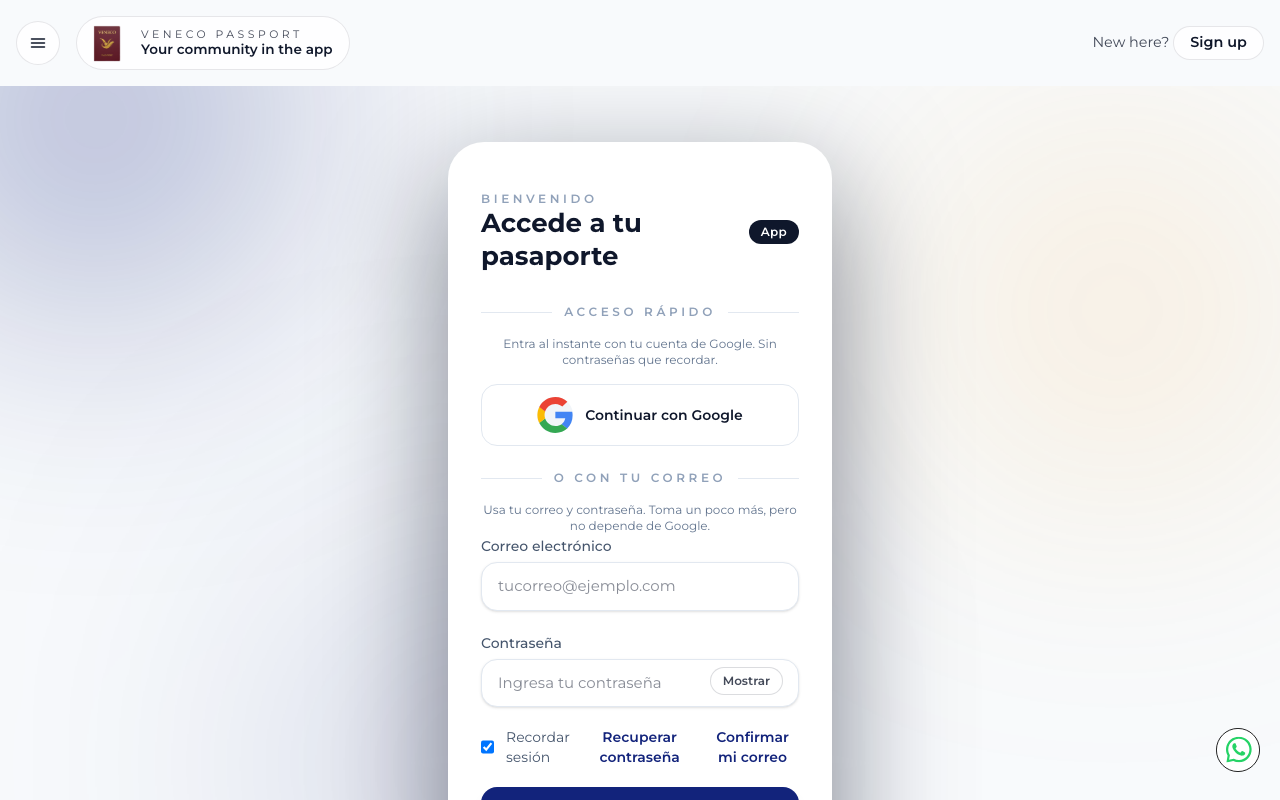Pantalla de inicio de sesión de Pasaporte Veneco