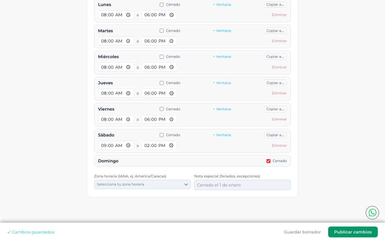 Editor de horario semanal con botones Guardar borrador y Publicar cambios