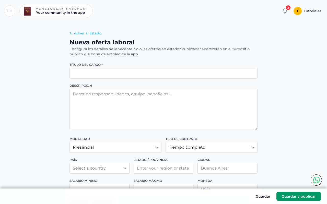 Formulario de nueva oferta laboral con título, descripción, modalidad y salario
