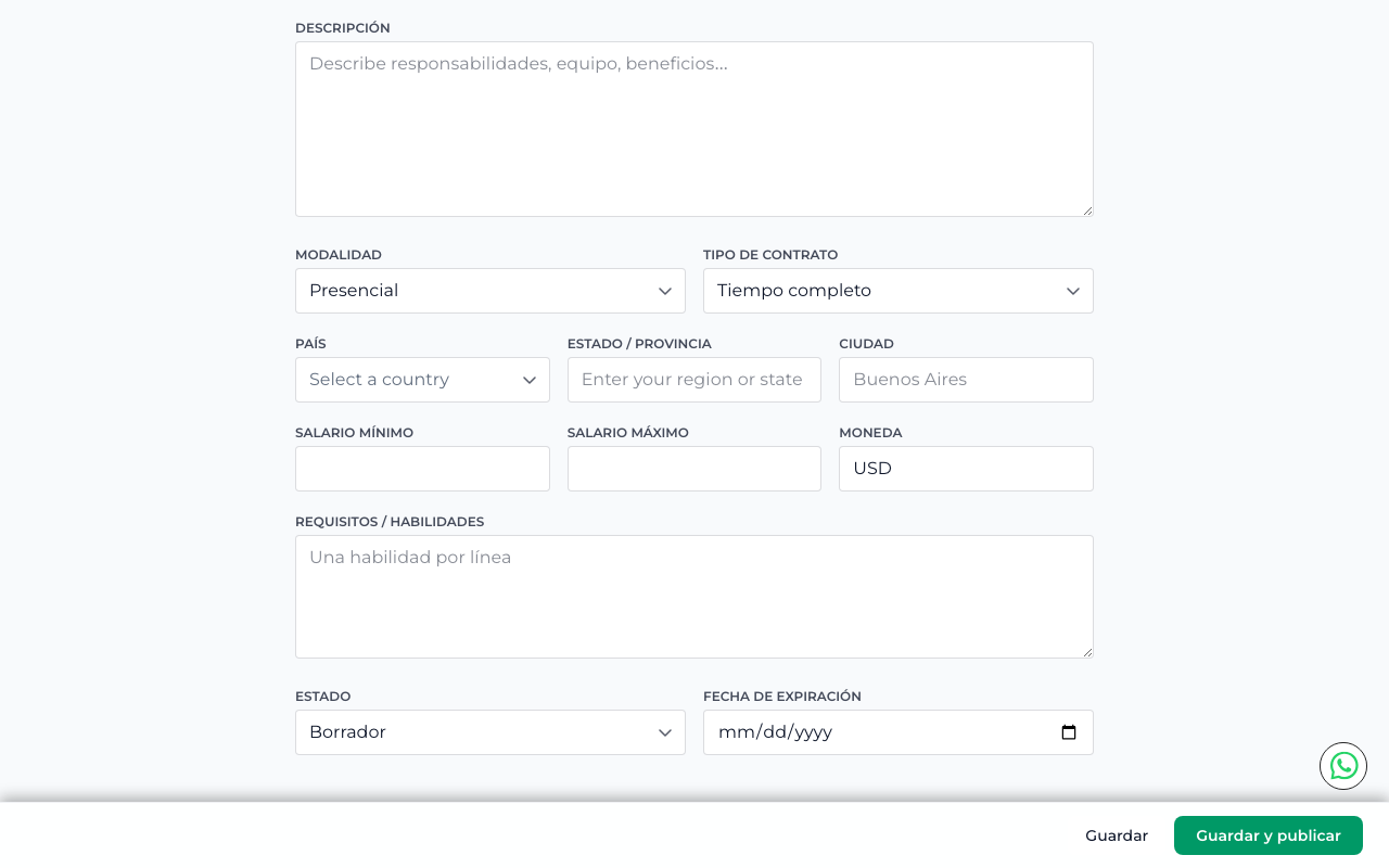 Campos de requisitos, estado, fecha de expiración y botones Guardar y Guardar y publicar
