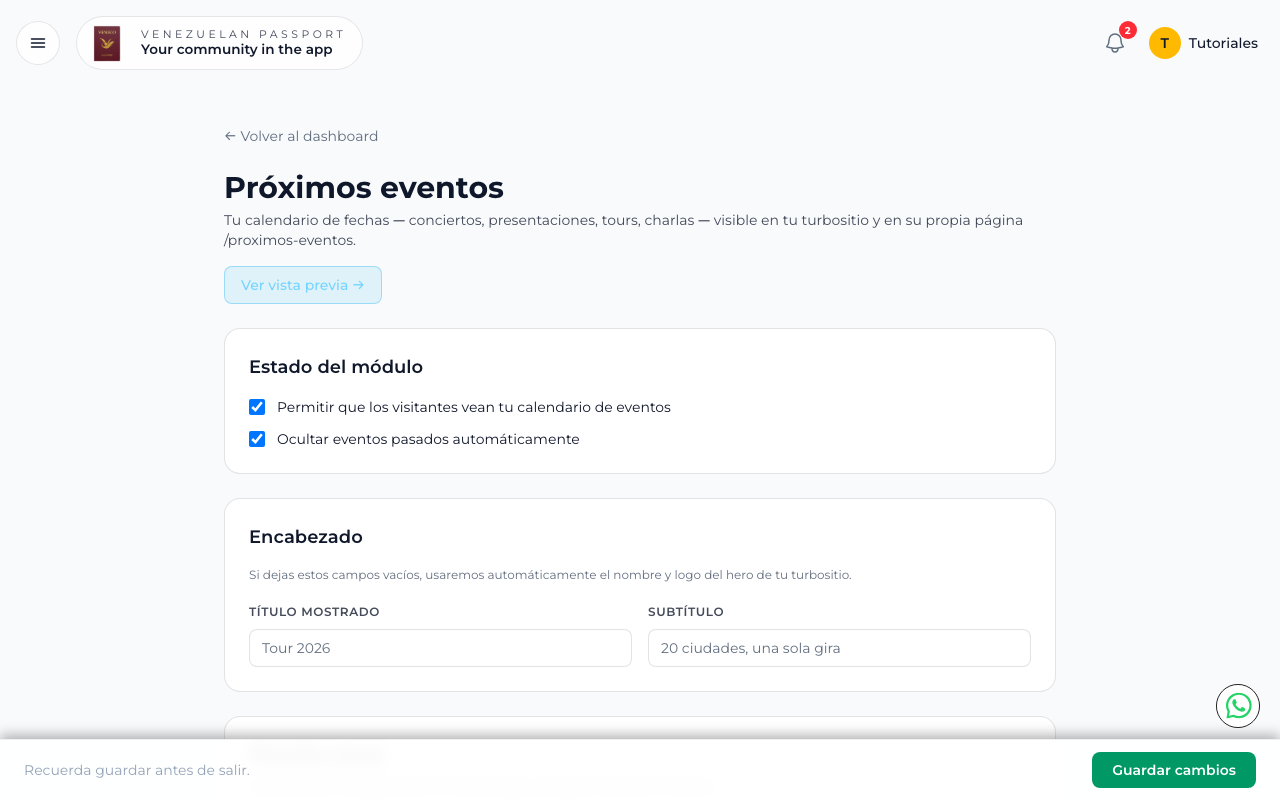 Configuración de estado del módulo y encabezado con título y subtítulo