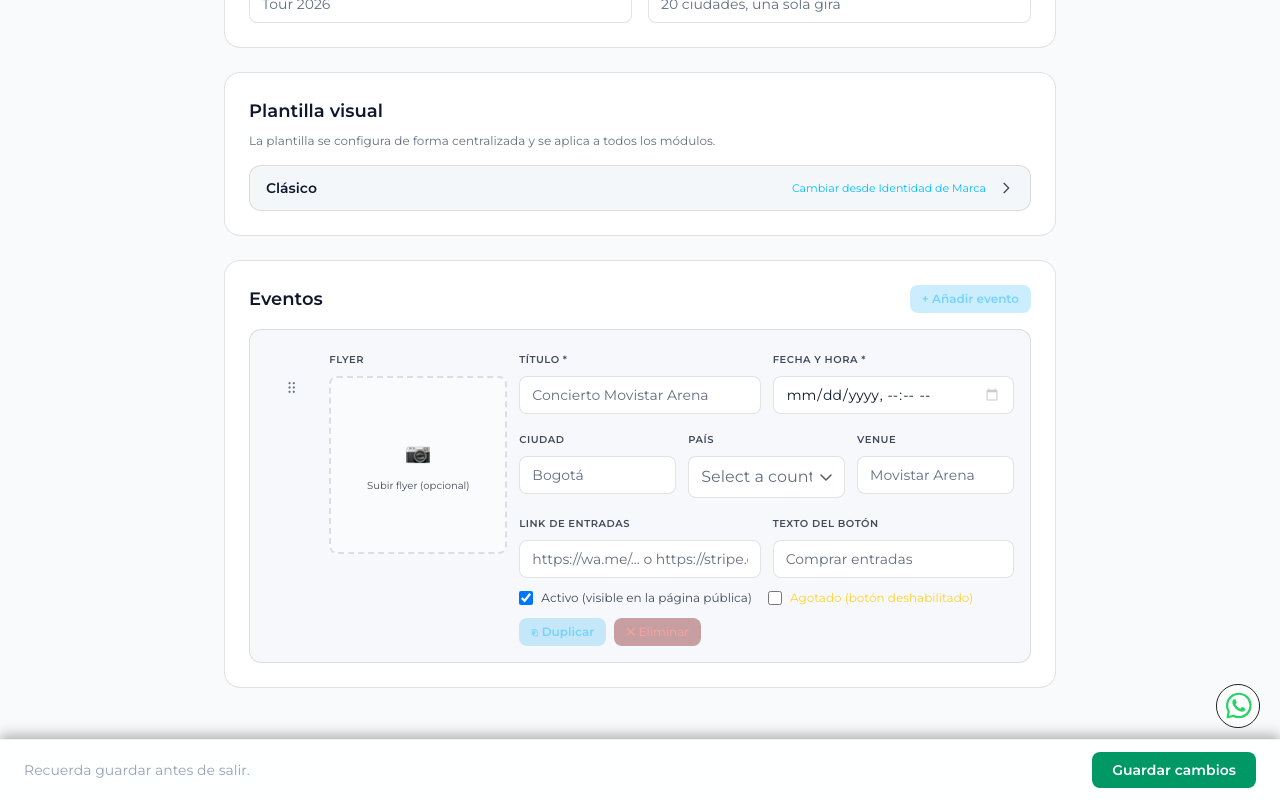 Detalle del evento con link de entradas, opciones activo/agotado y botones duplicar/eliminar