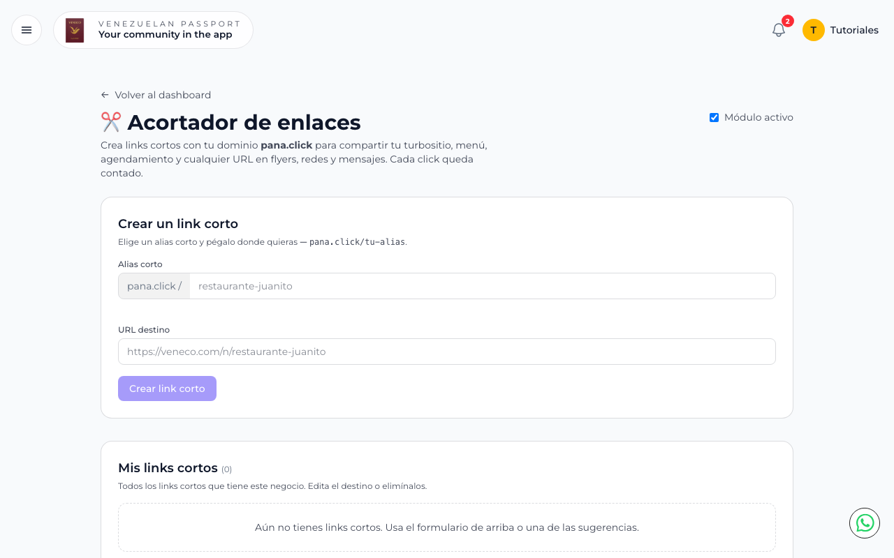 Acortador de enlaces con módulo activo y formulario para crear link corto