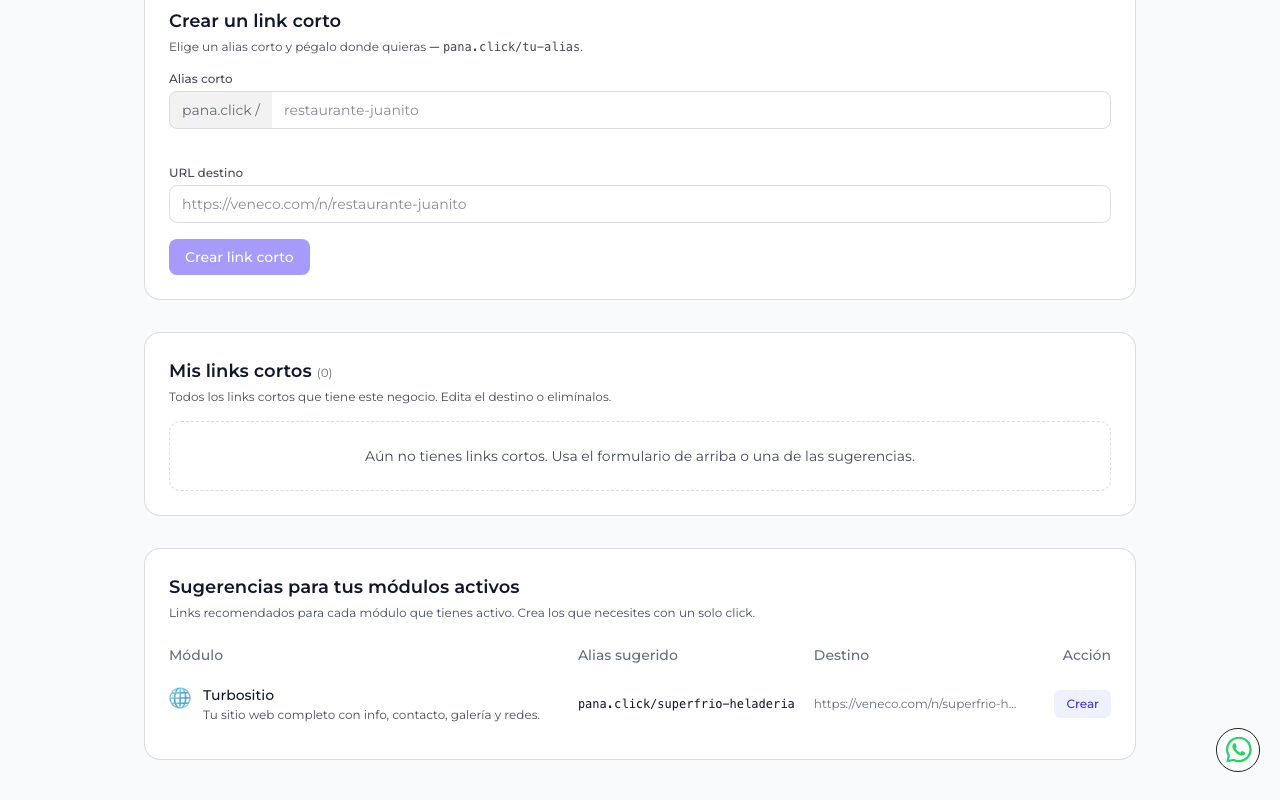 Formulario de creación con alias y URL destino, y sección Mis links cortos vacía