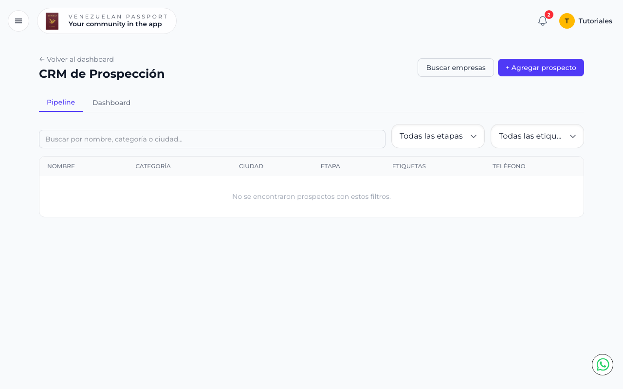 CRM de Prospección mostrando vista Pipeline con filtros y tabla de prospectos