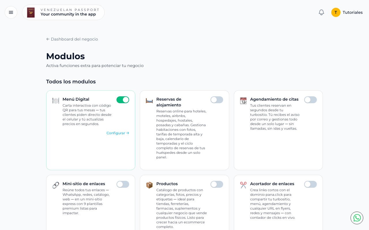 Módulo Menú Digital activado con el enlace Configurar visible