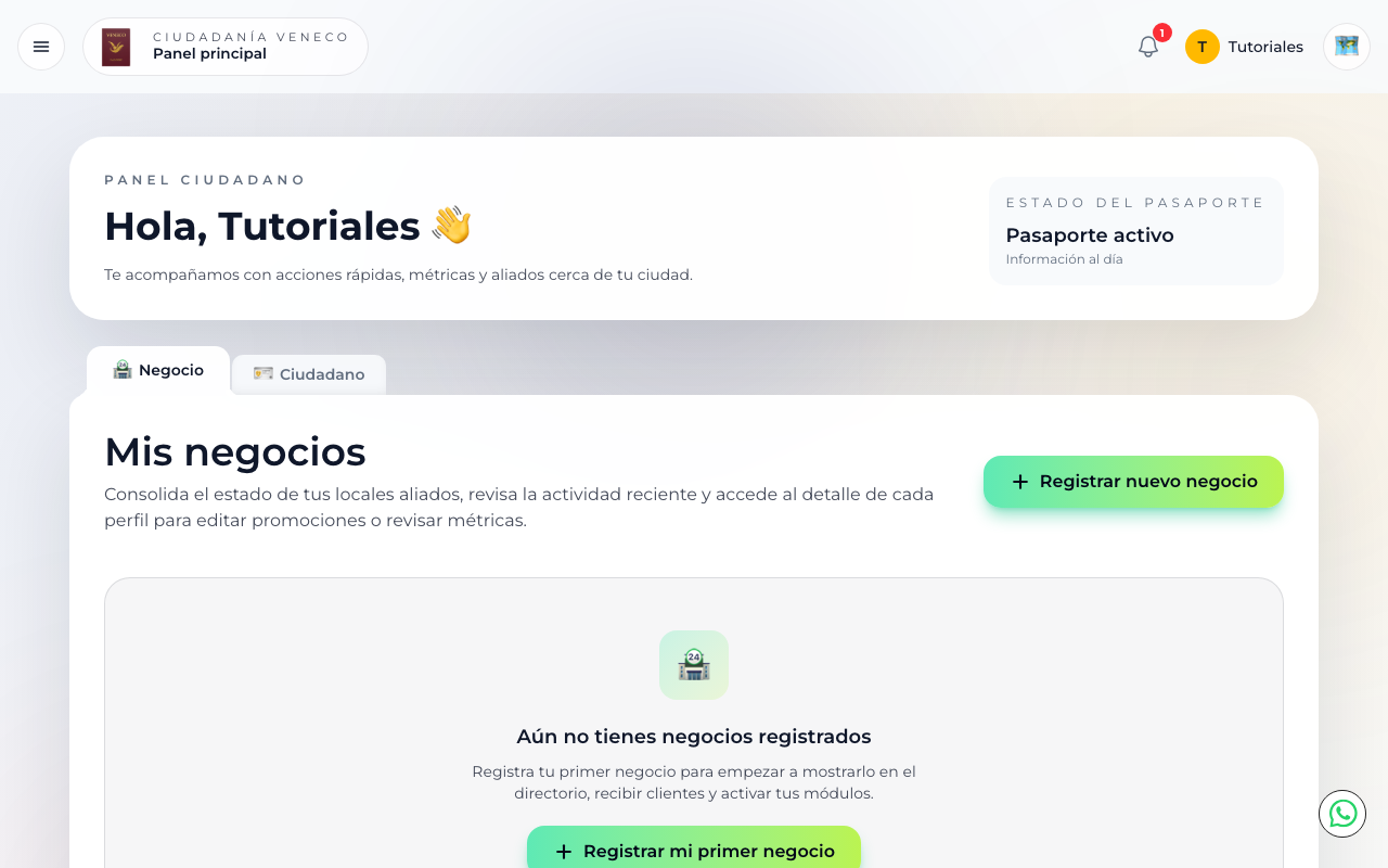 Panel ciudadano de Pasaporte Veneco con las pestañas Negocio y Ciudadano visibles