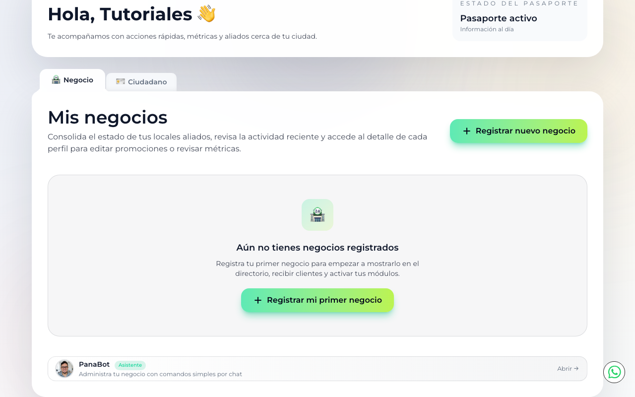 Sección Mis negocios con los botones de registro visibles